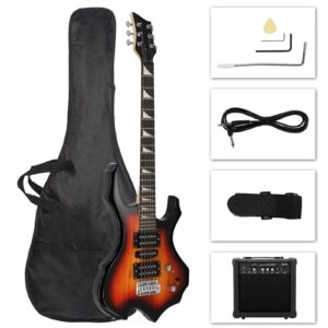 ktaxon burning fire design electric guitar kit, 36-inch hsh pickup electric guitar beginner guitar set with amplifier, rosewood fingerboard, 5-ways pickup switch (sunset)