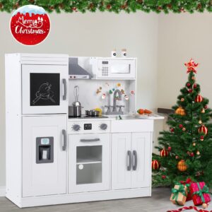 ShiningLove 40inch Kids Large Pretend Play Kitchen Toys with Sink, Role Play Kitchen Playset Wooden Upright Kitchen Playset, White