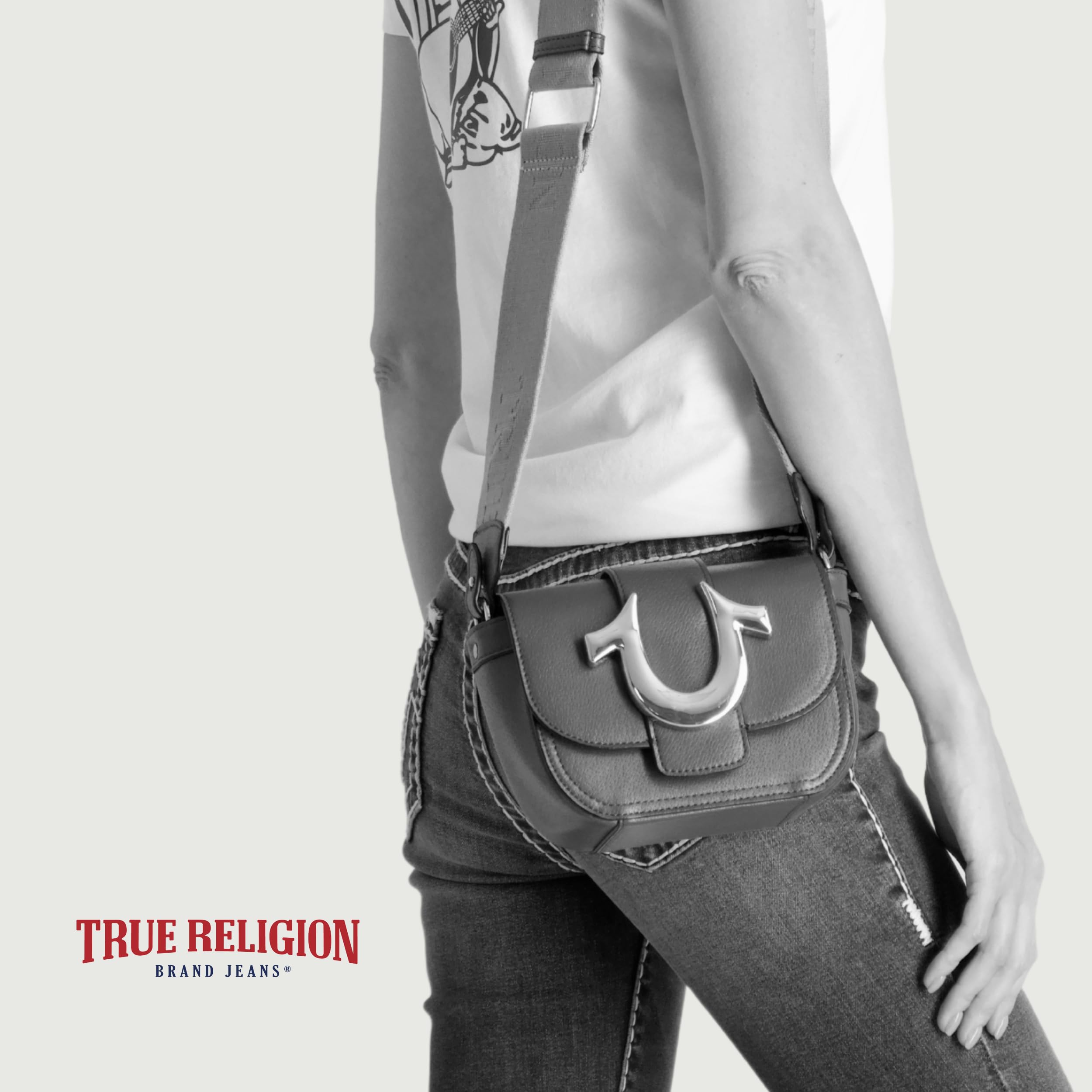 True Religion Women's Crossbody Bag, Mini Flap Adjustable Shoulder Handbag with Horseshoe Logo, Black