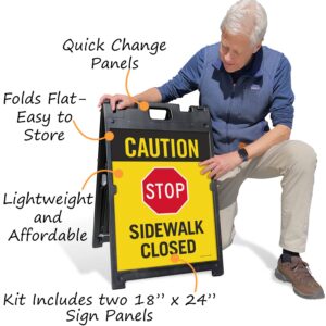 SmartSign 24 x 18 inch “Caution - Stop Sidewalk Closed” Two-Sided BabyBoss A-Frame Sign Kit, Plastic, Multicolor (1 A-Frame + 2 Sign Panels), Made in USA