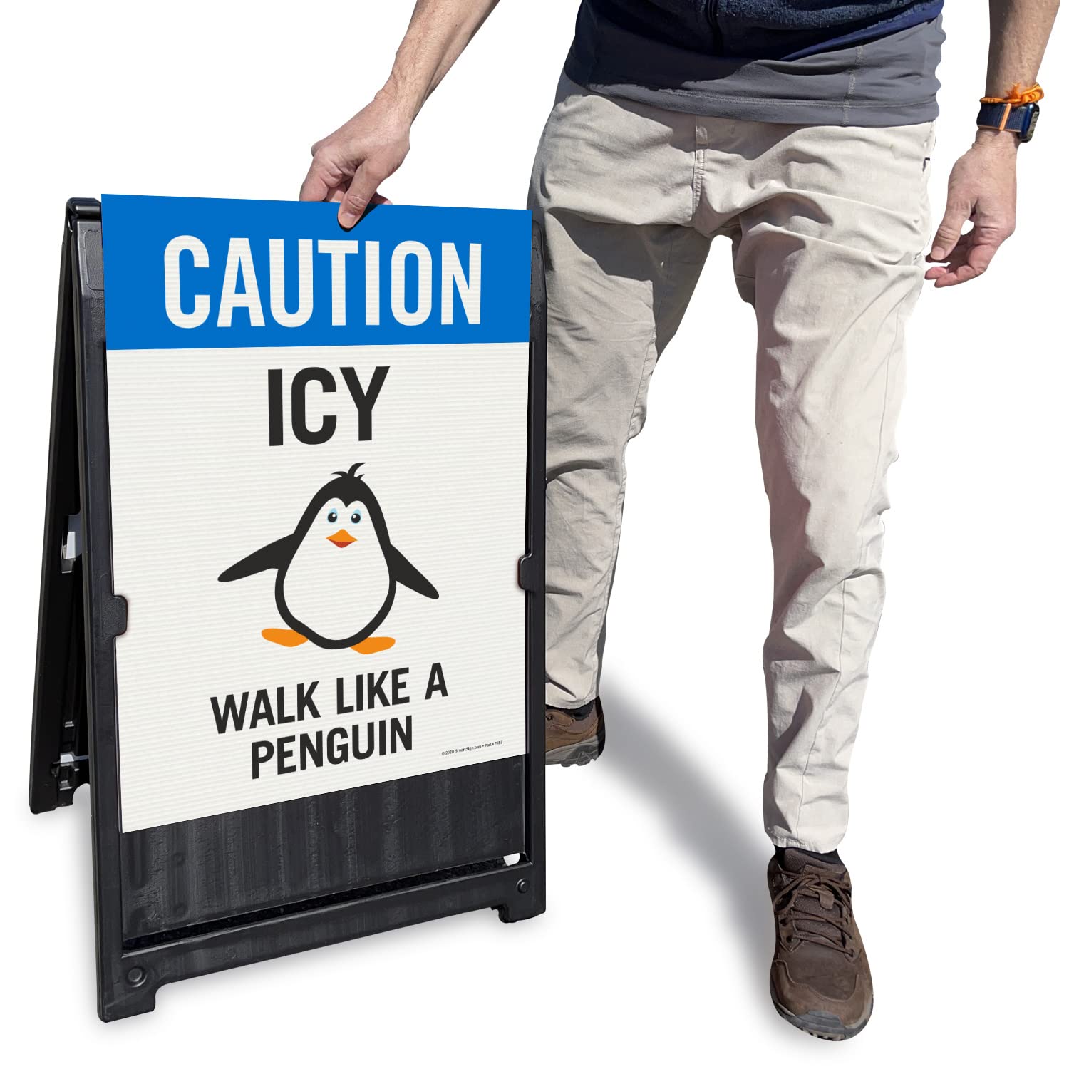 SmartSign 24 x 18 inch “Caution - Icy, Walk Like a Penguin Two-Sided BabyBoss A-Frame Sign Kit, Plastic, Black, Blue and White (1 A-Frame + 2 Sign Panels), Made in USA