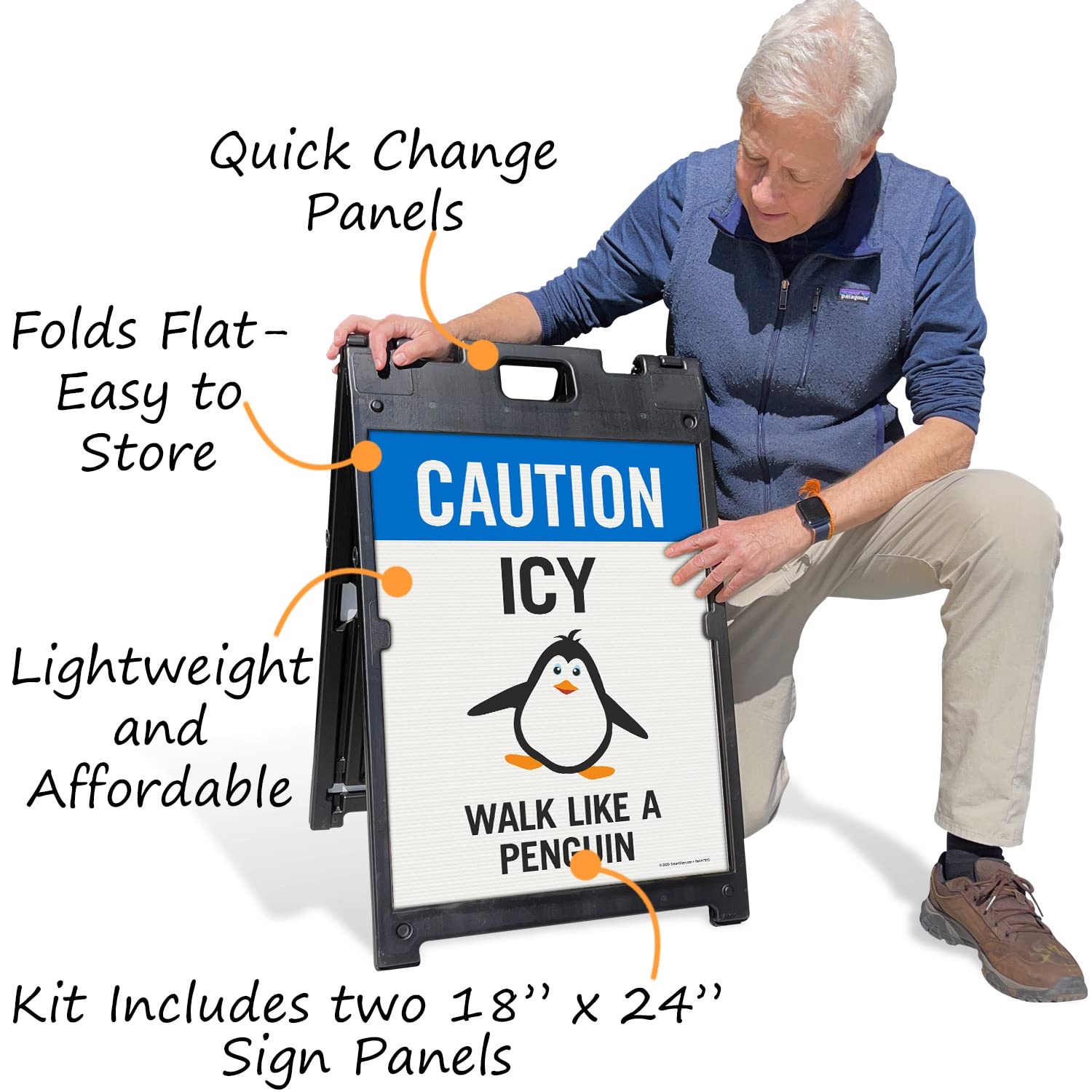 SmartSign 24 x 18 inch “Caution - Icy, Walk Like a Penguin Two-Sided BabyBoss A-Frame Sign Kit, Plastic, Black, Blue and White (1 A-Frame + 2 Sign Panels), Made in USA