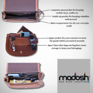 Madosh, Saddle Bag For Women Genuine Leather Crossbody Bag Girls Sling Purse Ladies Cross-Over Handbag (BROWN)