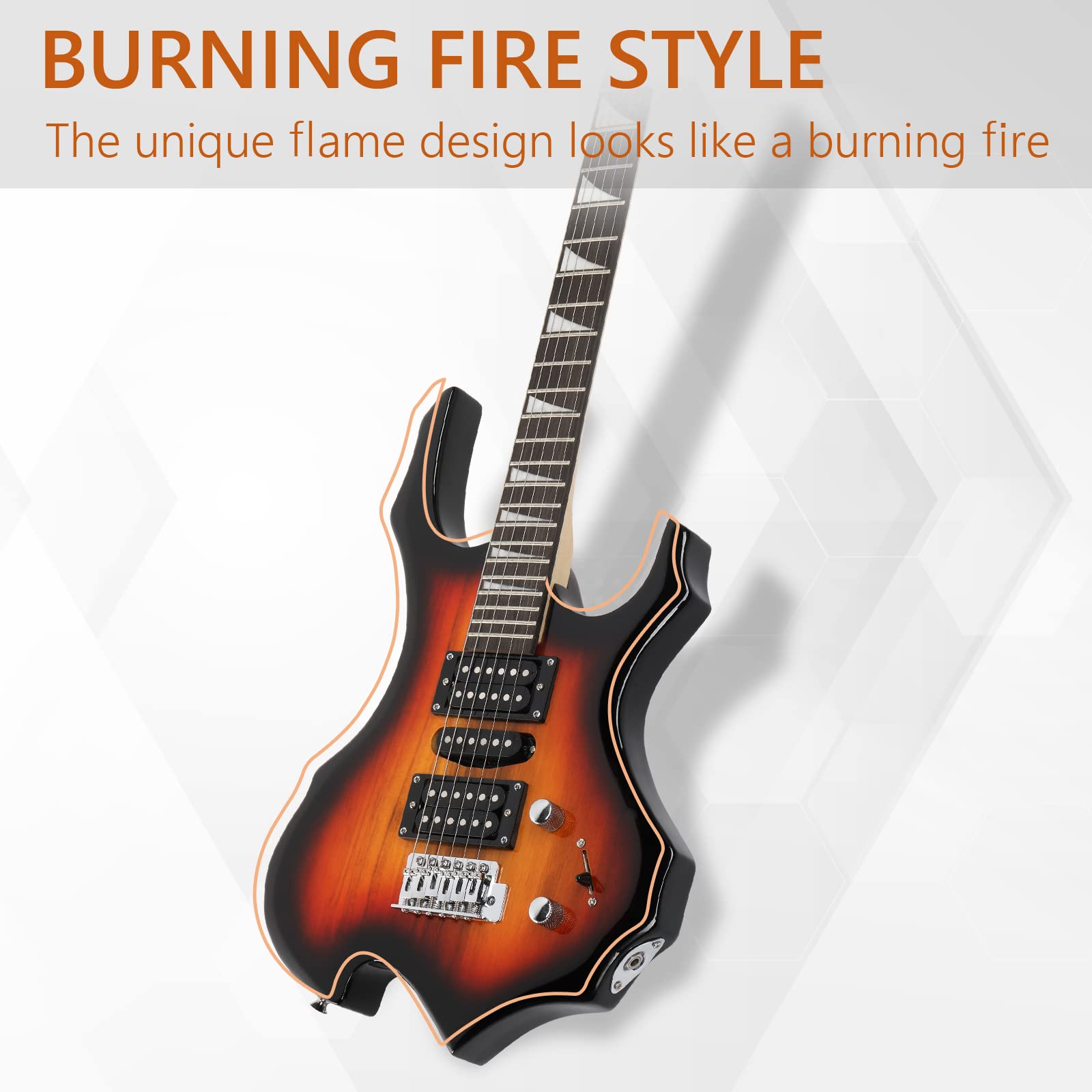 Ktaxon Burning Fire Design Electric Guitar Kit, 36-inch HSH Pickup Electric Guitar Beginner Guitar Set with Amplifier, Rosewood Fingerboard, 5-Ways Pickup Switch (Sunset)