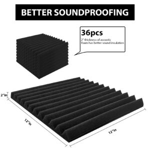 Ikaufen 36 Pack Acoustic Foam Panels, 2" X 12" X 12" Studio Foam Wedges, High Density and Flame Retardant Sound Proof Foam Panels for Wall and Ceiling