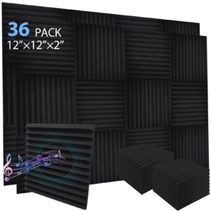 ikaufen 36 pack acoustic foam panels, 2" x 12" x 12" studio foam wedges, high density and flame retardant sound proof foam panels for wall and ceiling