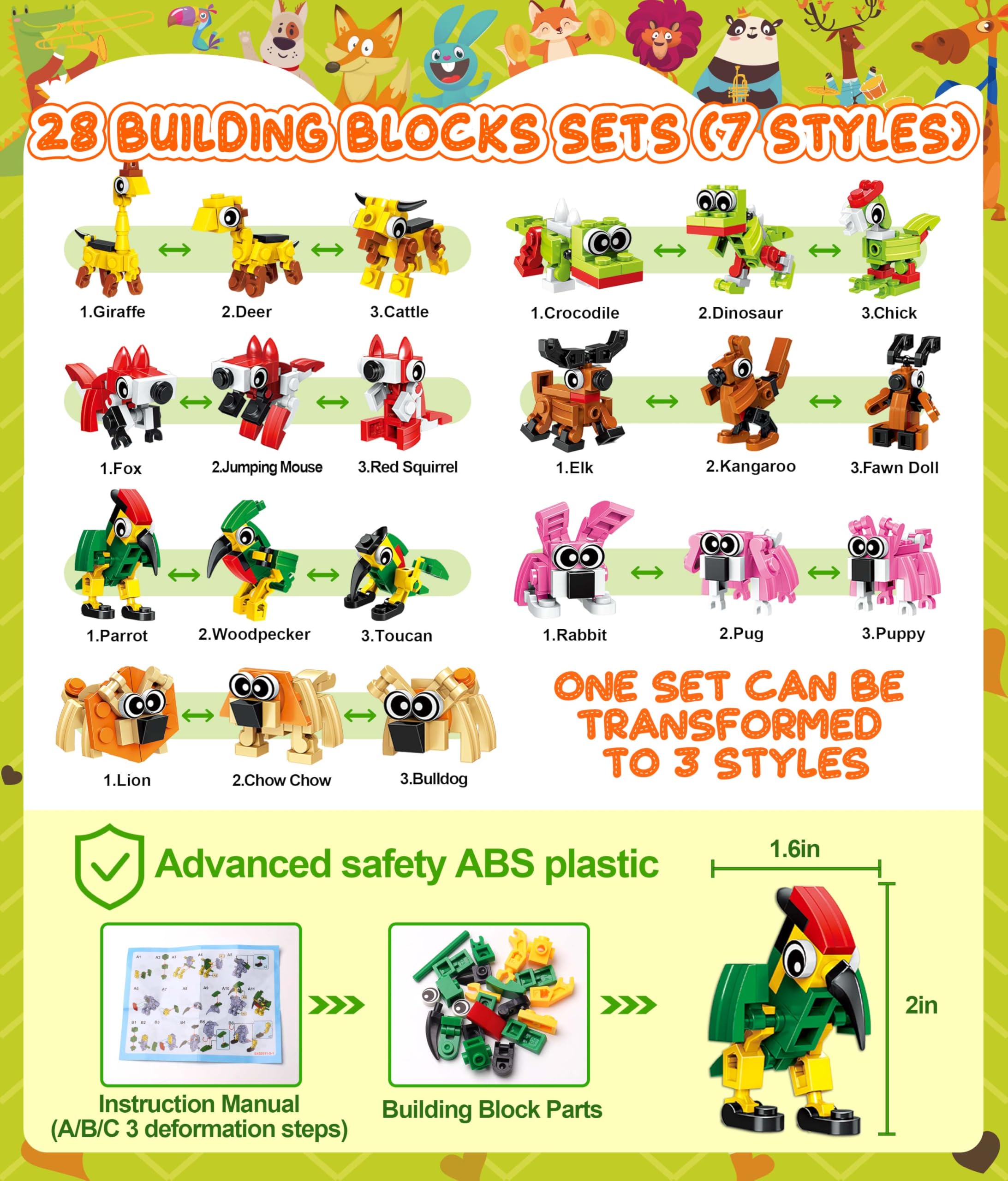 Valentines Day Gifts for Kids Classroom-28 Packs Animal Building Blocks with Kids Valentines Day Cards for School & Stickers, Class Valentines Gifts Boxes for Kids Boys Girls Party Favors Exchange