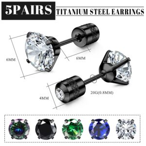 FIBO STEEL 5 Pairs Titanium Screw Back Surgical Stainless Steel Stud Earrings for Women Men,Rainbow 5A Cubic Zirconia Studs Double Side Earrings Piercing Sleeper Studs Jewelry 6mm Black Round