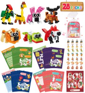 valentines day gifts for kids classroom-28 packs animal building blocks with kids valentines day cards for school & stickers, class valentines gifts boxes for kids boys girls party favors exchange