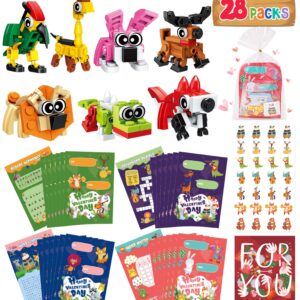 Valentines Day Gifts for Kids Classroom-28 Packs Animal Building Blocks with Kids Valentines Day Cards for School & Stickers, Class Valentines Gifts Boxes for Kids Boys Girls Party Favors Exchange