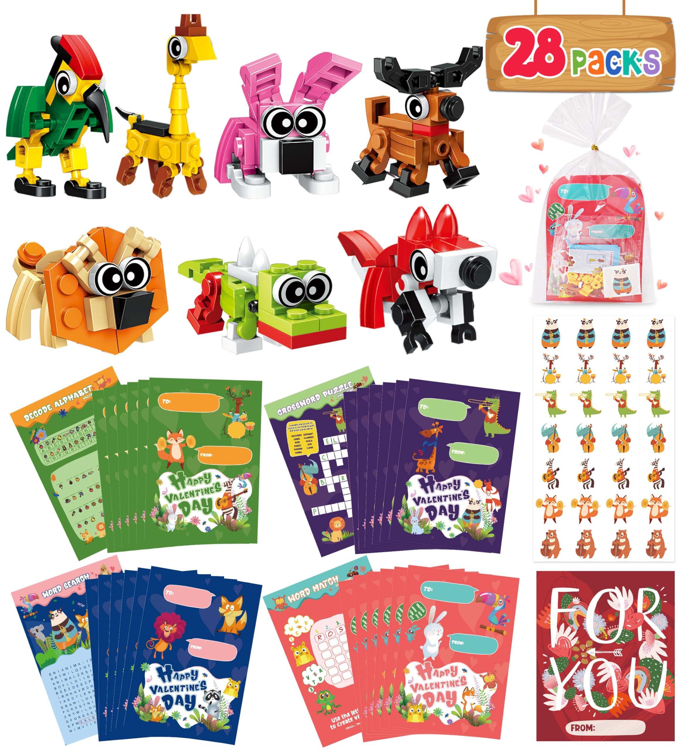 Valentines Day Gifts for Kids Classroom-28 Packs Animal Building Blocks with Kids Valentines Day Cards for School & Stickers, Class Valentines Gifts Boxes for Kids Boys Girls Party Favors Exchange