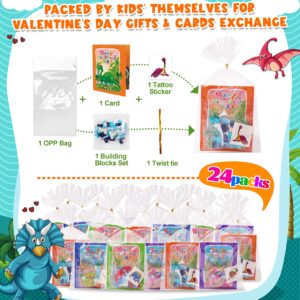 Colplay 24 Packs Valentines Day Gifts for Kids Classroom-Dinosaur Building Blocks with Valentines Day Cards for Kids School & Stickers, Exchange Valentines Party Favors Boxes for Kids Boys Girls