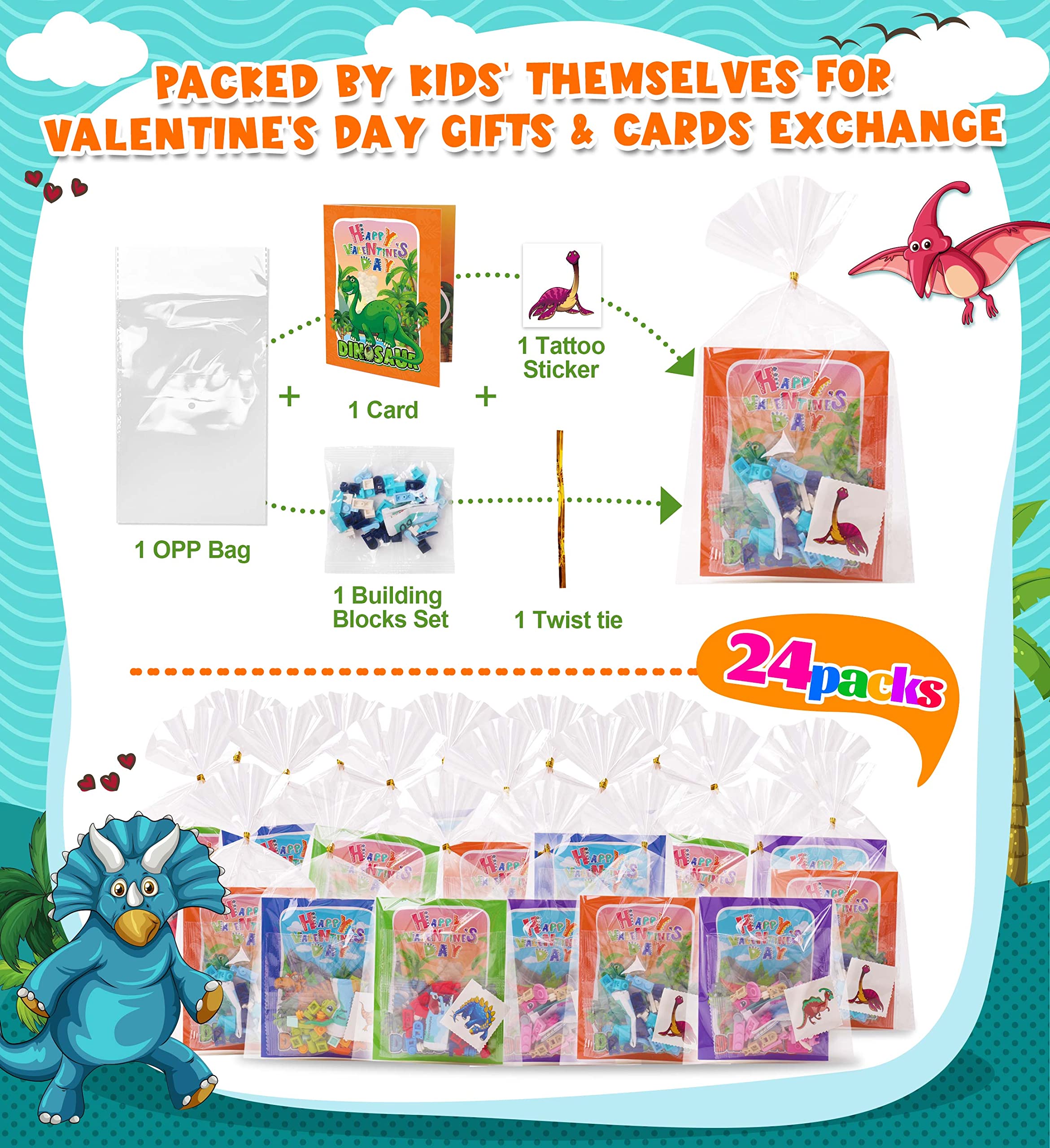 Colplay 24 Packs Valentines Day Gifts for Kids Classroom-Dinosaur Building Blocks with Valentines Day Cards for Kids School & Stickers, Exchange Valentines Party Favors Boxes for Kids Boys Girls