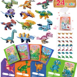 Colplay 24 Packs Valentines Day Gifts for Kids Classroom-Dinosaur Building Blocks with Valentines Day Cards for Kids School & Stickers, Exchange Valentines Party Favors Boxes for Kids Boys Girls