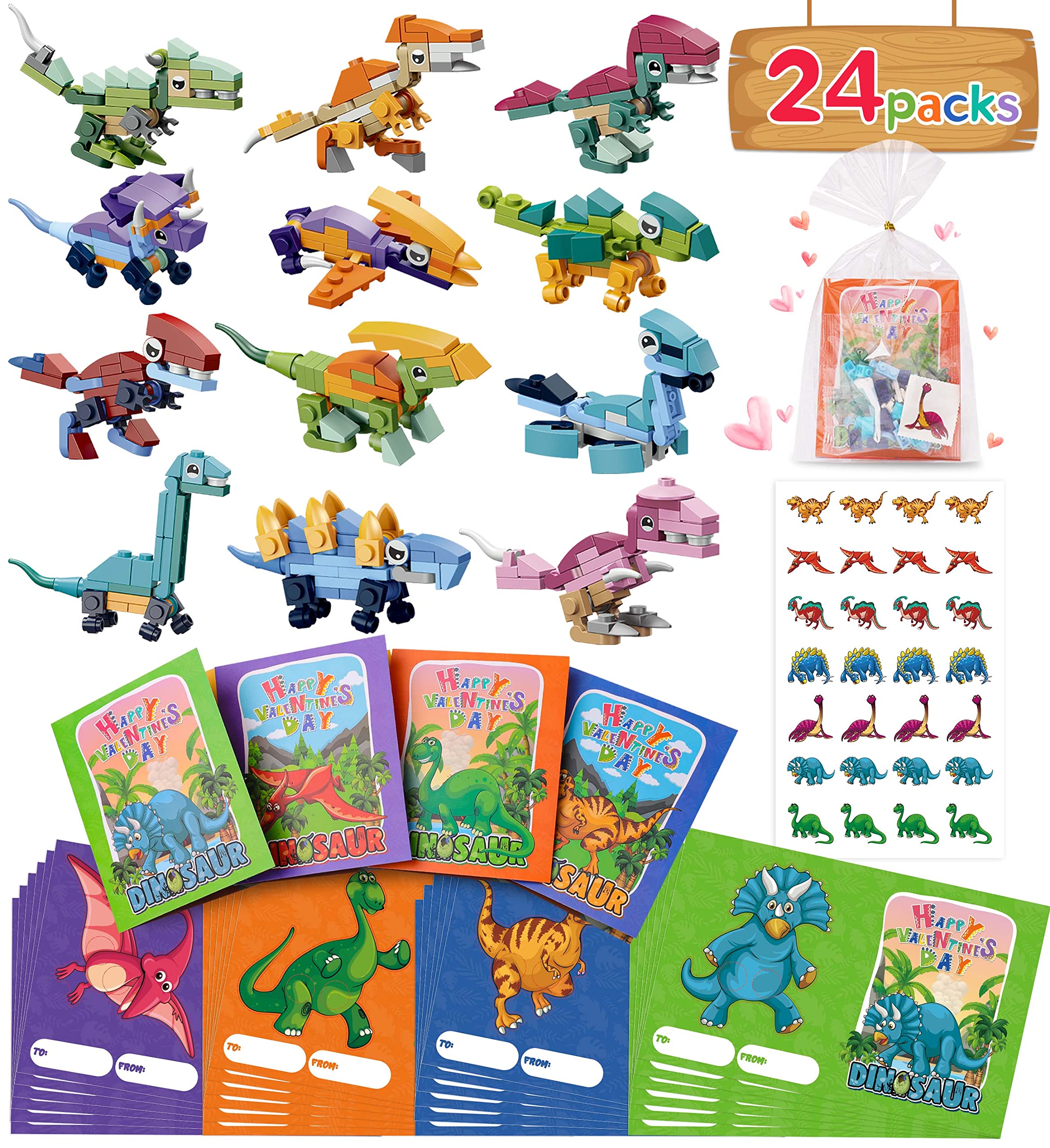 Colplay 24 Packs Valentines Day Gifts for Kids Classroom-Dinosaur Building Blocks with Valentines Day Cards for Kids School & Stickers, Exchange Valentines Party Favors Boxes for Kids Boys Girls