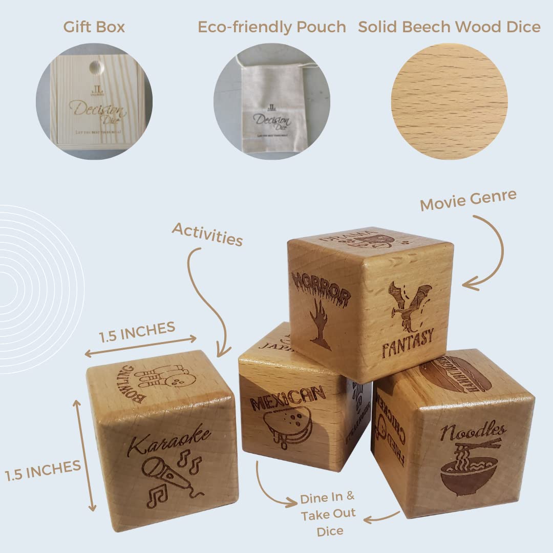 La Liburu Wooden Decision Dice, Gift Idea, Couple Date Night, Family, Foodie Dine in Take Out Activities Movie Genre, Engraved 4 Dice with Box and Pouch