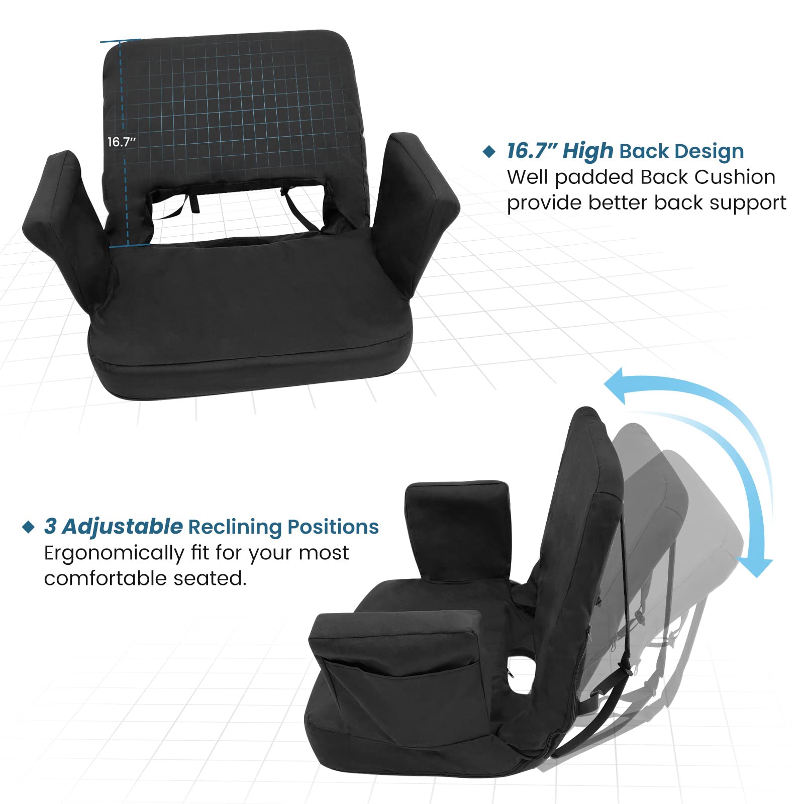 TOPSKY Stadium Seat with Back Support, Regular Size 18.7”Width (Seat 17”), 3 Reclining Positions, Wide Bleacher Seats with 2 Hook, Picnic Seat(Blue)