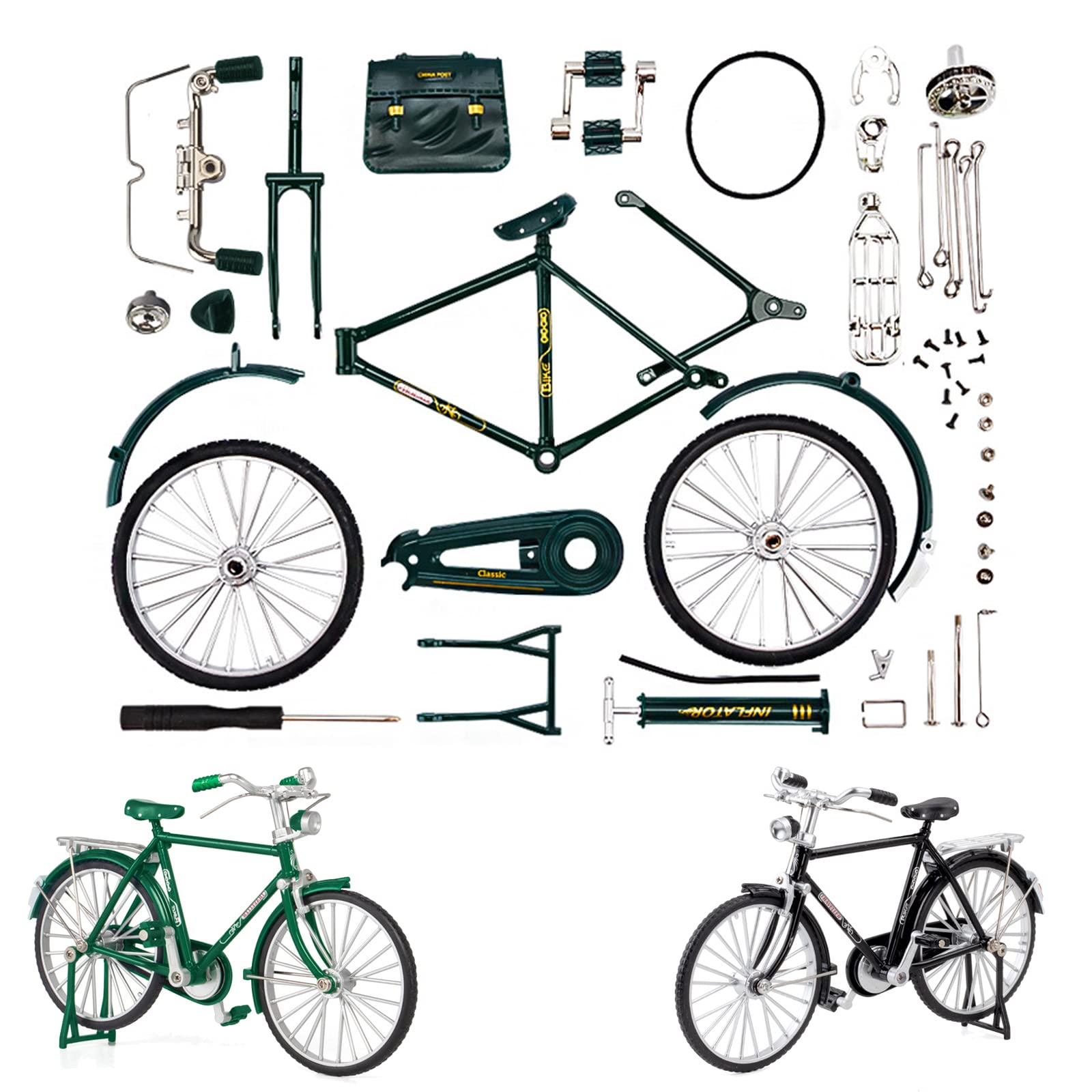 Japelessor 51 PCS Retro Bicycle Model Ornament for Kids - DIY Bicycle Model Assembled (B-Green)