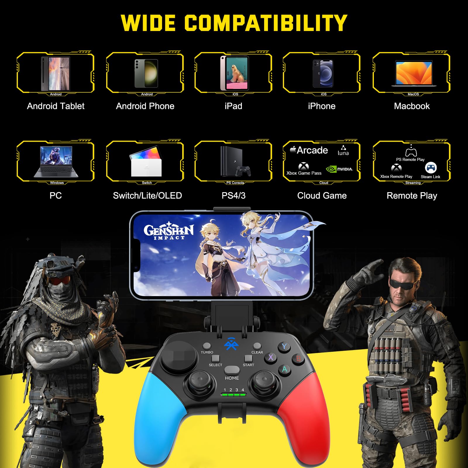 Joso Wireless Mobile Gaming Controller for iPhone, Android, iPad, Tablet, PC, Phone Controller with Phone Clip Supports Cloud Game, COD Mobile, Genshin Immpact, Remote Player Gamepad