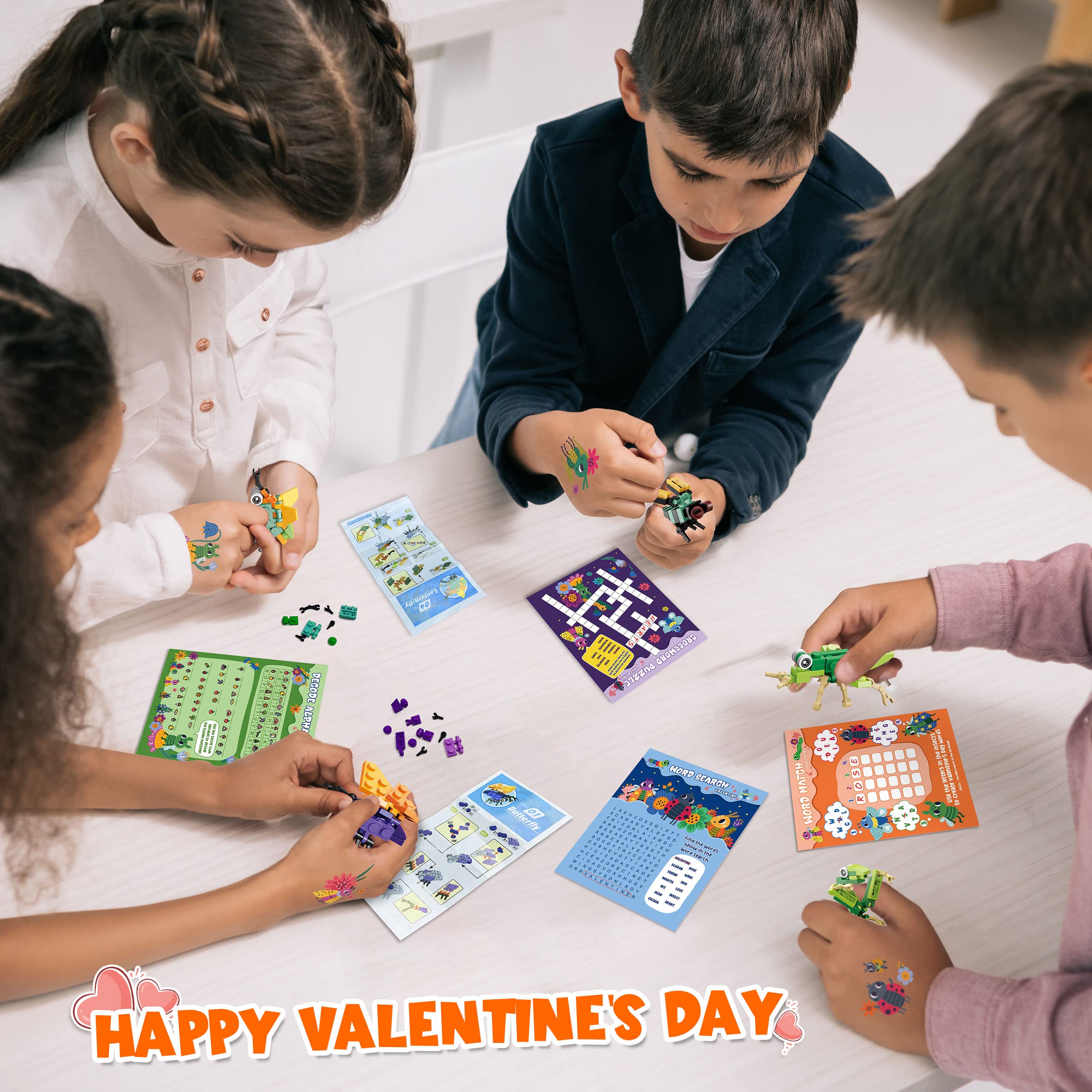 Colplay 24 Packs Valentines Day Gifts for Kids, Insect Building Blocks with Valentines Cards for Kids Classroom School & Stickers, Class Gifts Exchange, Party Favors for Kids Boys Girls