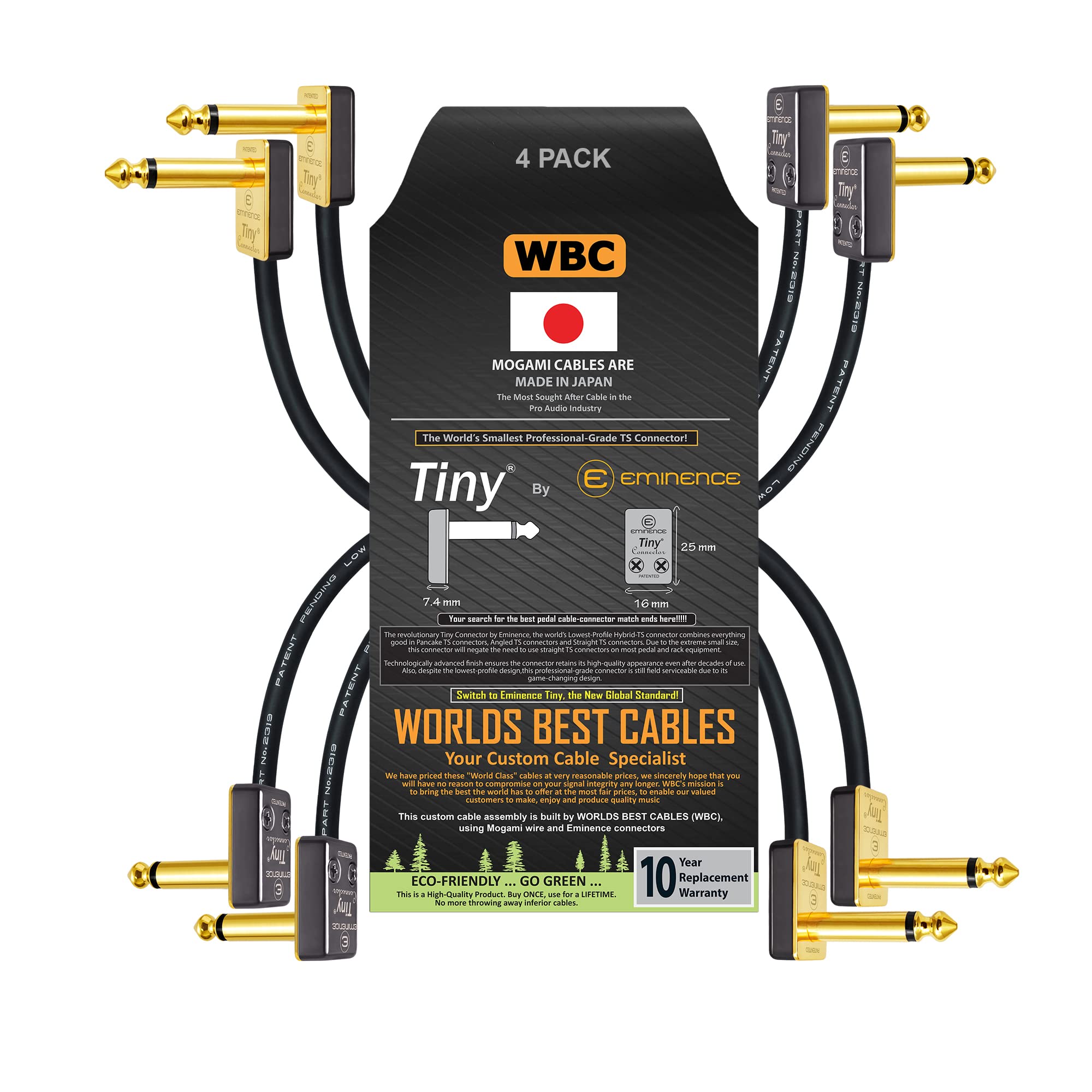 WORLDS BEST CABLES 4 Units - 6 Inch - Pedal, Effects, Patch, Instrument Cable Custom Made Using Mogami 2319 Wire & Eminence Tiny Gold-Plated Angled TS Connectors