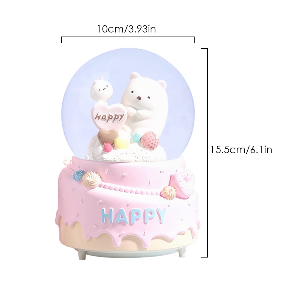 4 Inches / 10CM Snow Globe - Bear Cake Musical Box with Drifting Snow for Home Decor, Birthday Gift for Girls, Family Friends, Pink