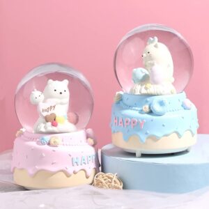 4 Inches / 10CM Snow Globe - Bear Cake Musical Box with Drifting Snow for Home Decor, Birthday Gift for Girls, Family Friends, Pink