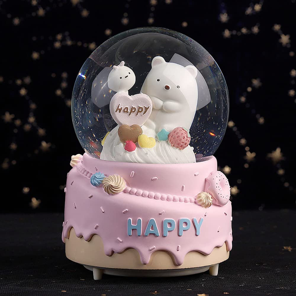 4 Inches / 10CM Snow Globe - Bear Cake Musical Box with Drifting Snow for Home Decor, Birthday Gift for Girls, Family Friends, Pink