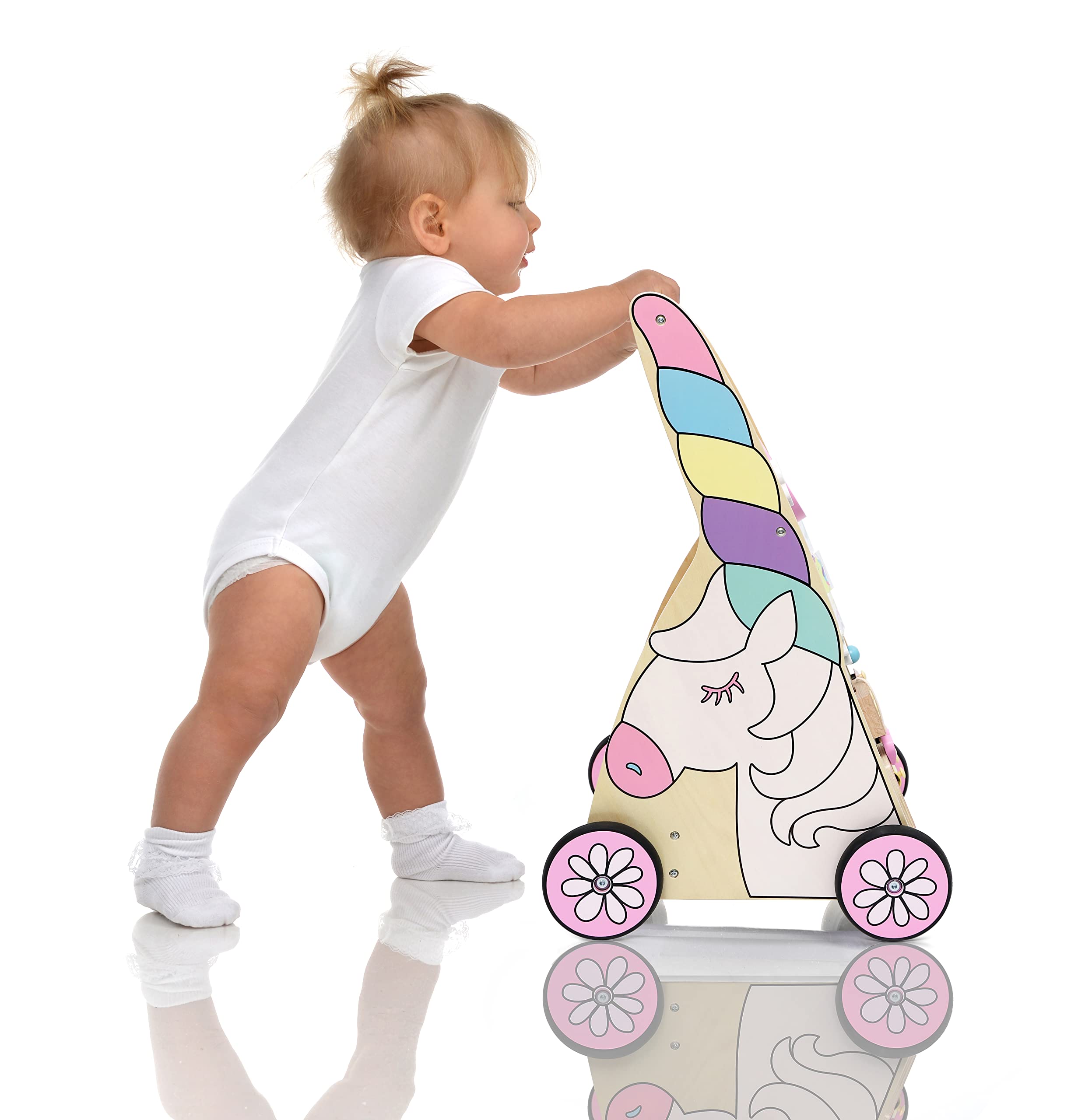 Hopscotch Squad Sit-to-Stand Learning Walker Unicorn Themed Interactive Wooden Push & Pull Baby Walker with Multiple Activities to Develop Motor Skills