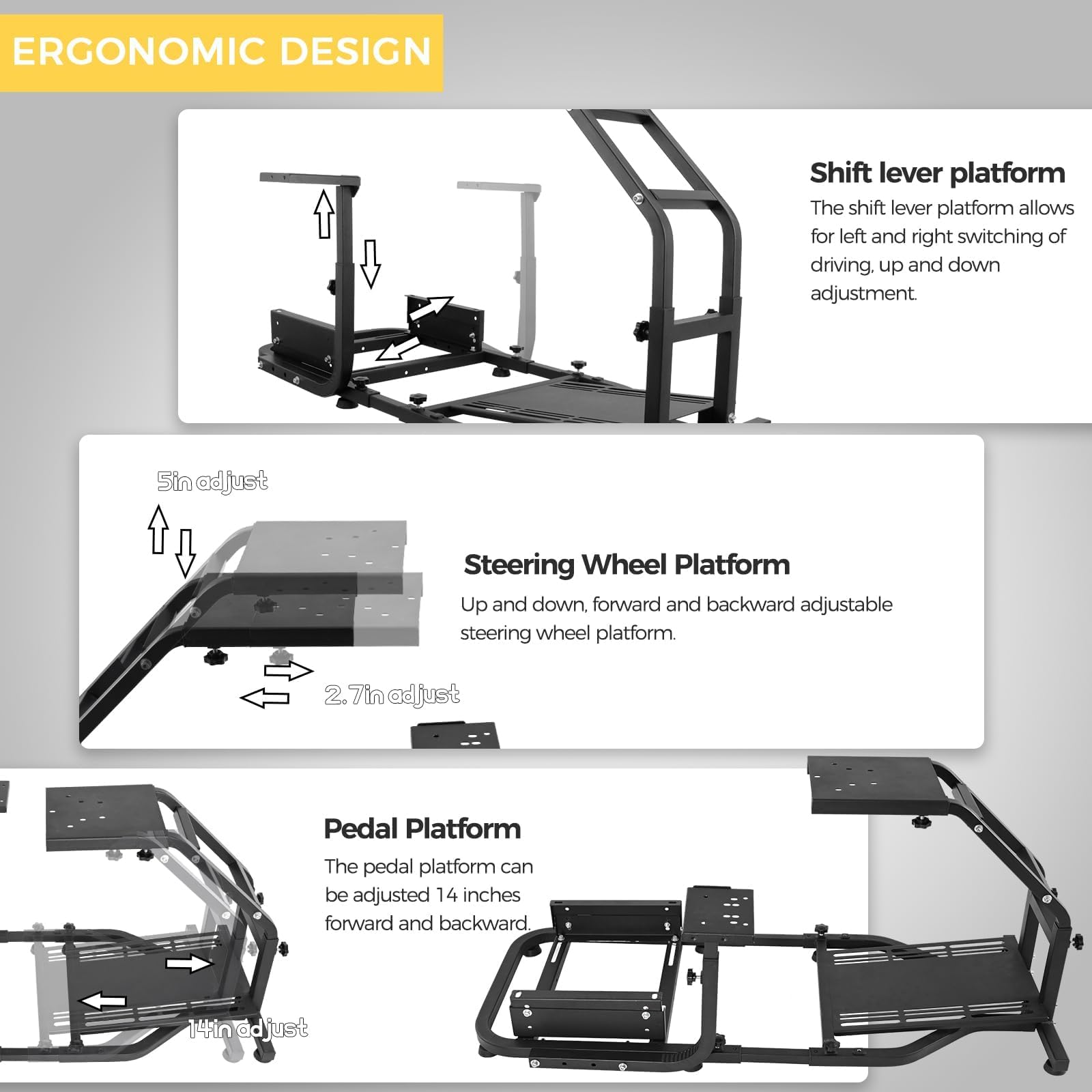 Marada Racing Sim Cockpit Stand Stable Frame Adapt to PXN, Thrustmaster, Logitech G29, G920, T300RS, T150 Height & Length Adjustable Simulation Steering Wheel Mount Shifter and Pedal Not Included