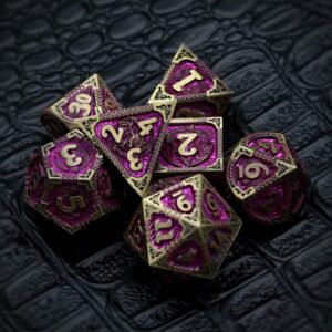 Haxtec Metal Dice Set Purple Black Dragon Pattern Metal DND Dice with Leather Dice Bag Polyhedral D&D Dice for Dungeons and Dragons TTRPG Gifts