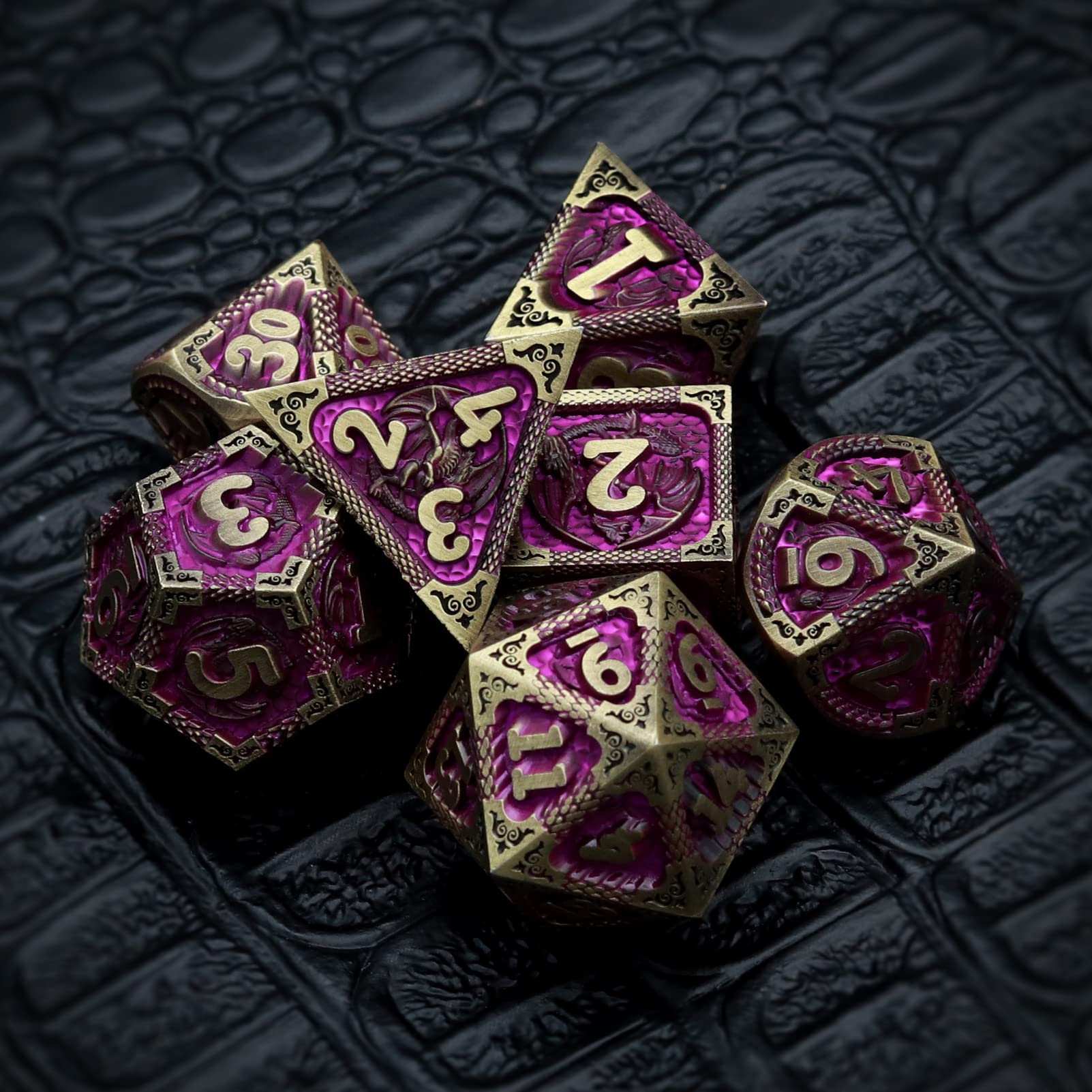 Haxtec Metal Dice Set Purple Black Dragon Pattern Metal DND Dice with Leather Dice Bag Polyhedral D&D Dice for Dungeons and Dragons TTRPG Gifts