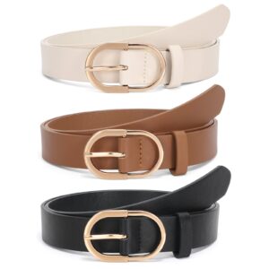 jasgood 3 pack women’s leather belts for jeans pants fashion ladies belt with gold buckle d-black+brown+beige，fit waist size 32"-37"