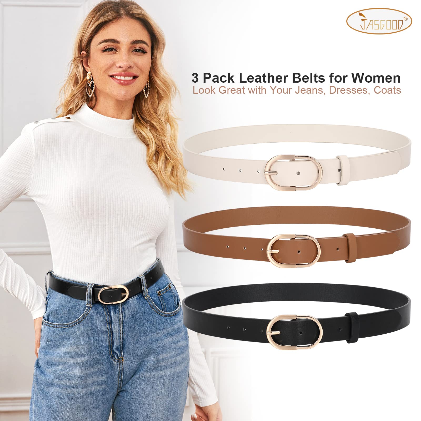 JASGOOD 3 Pack Women’s Leather Belts for Jeans Pants Fashion Ladies Belt with Gold Buckle D-Black+Brown+Beige，Fit Waist Size 32"-37"