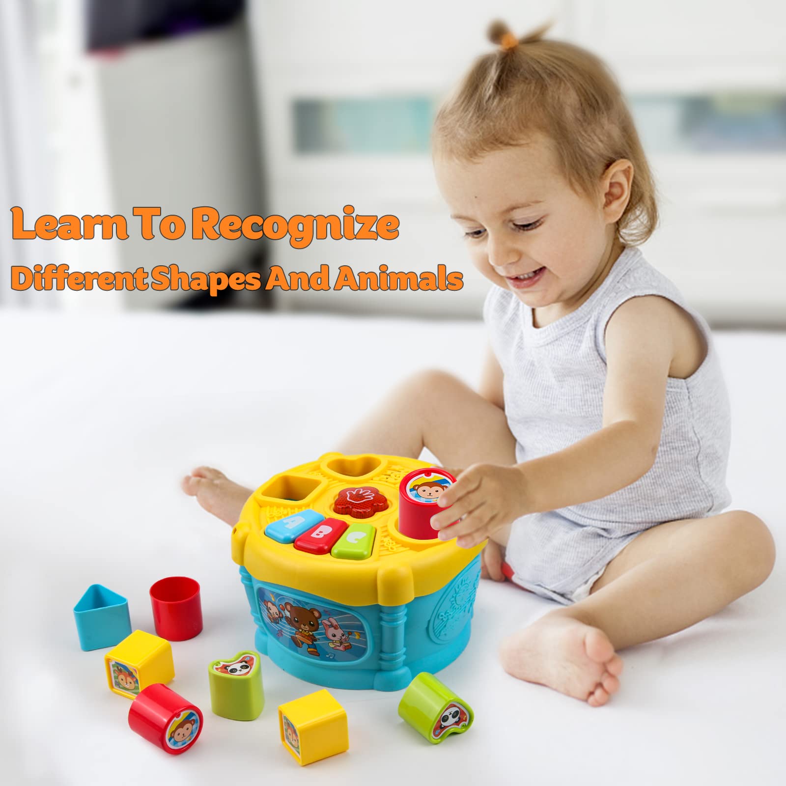 Rhybor Shape Sorter Musical Toys, Baby Music Sort and Discover Drum for Toddlers 1-3, Learning Educational Montessori Toys with 4 Shapes 8 Sorting Cube