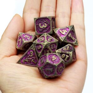 Haxtec Metal Dice Set Purple Black Dragon Pattern Metal DND Dice with Leather Dice Bag Polyhedral D&D Dice for Dungeons and Dragons TTRPG Gifts