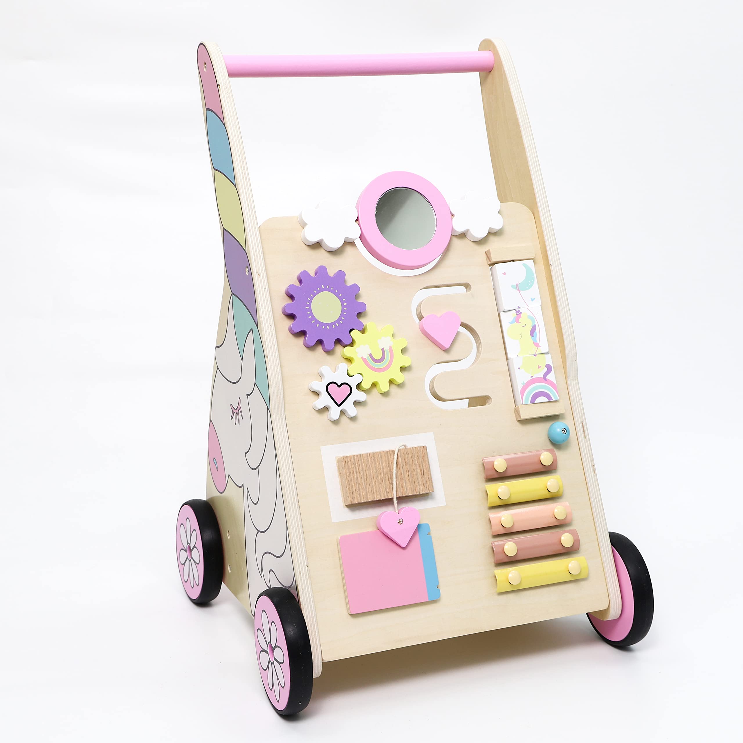 Hopscotch Squad Sit-to-Stand Learning Walker Unicorn Themed Interactive Wooden Push & Pull Baby Walker with Multiple Activities to Develop Motor Skills