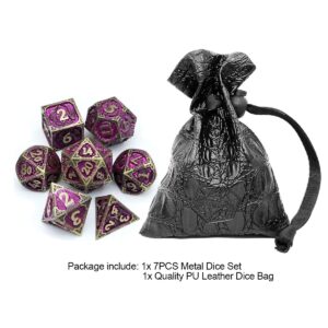 Haxtec Metal Dice Set Purple Black Dragon Pattern Metal DND Dice with Leather Dice Bag Polyhedral D&D Dice for Dungeons and Dragons TTRPG Gifts