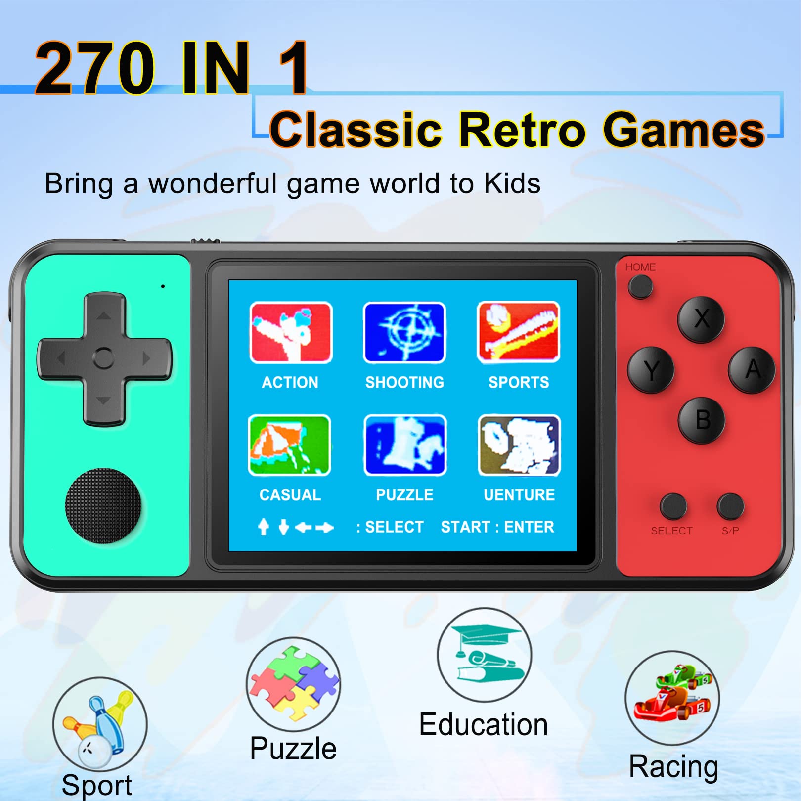 Great Boy Handheld Game Console for Kids Aldults Preloaded 270 Classic Retro Games with 3.0'' Color Display and Gamepad Rechargeable Arcade Gaming Player (Black-Green)