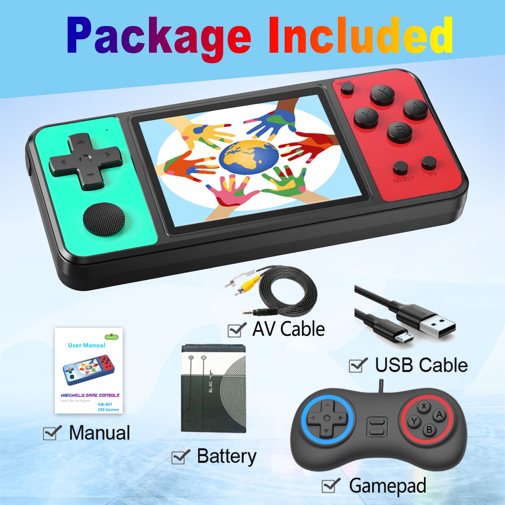 Great Boy Handheld Game Console for Kids Aldults Preloaded 270 Classic Retro Games with 3.0'' Color Display and Gamepad Rechargeable Arcade Gaming Player (Black-Green)