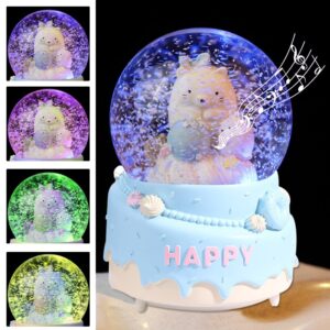 4 Inches / 10CM Snow Globe - Bear Cake Musical Box with Drifting Snow for Home Decor, Birthday Gift for Girls, Family Friends, Pink