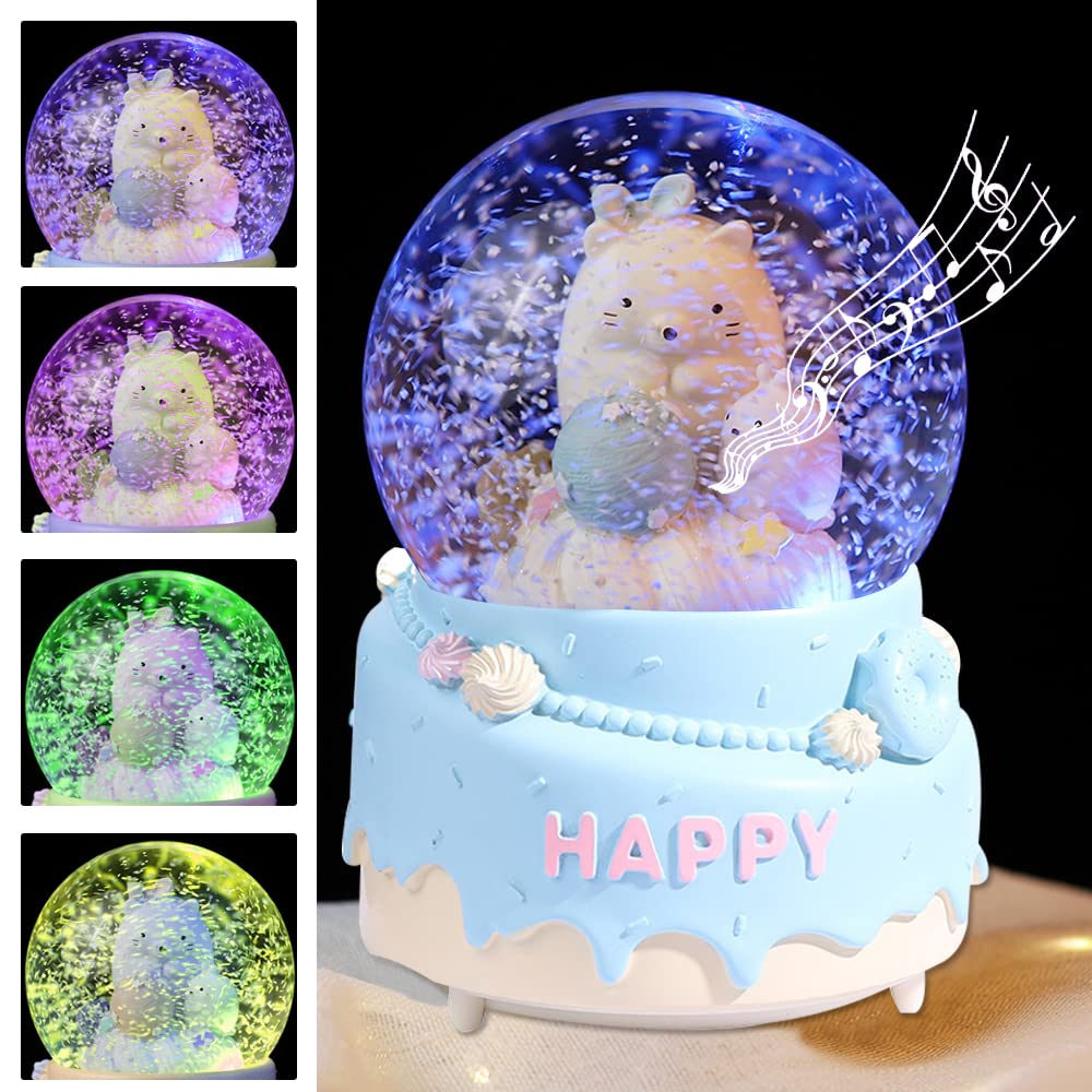 4 Inches / 10CM Snow Globe - Bear Cake Musical Box with Drifting Snow for Home Decor, Birthday Gift for Girls, Family Friends, Pink