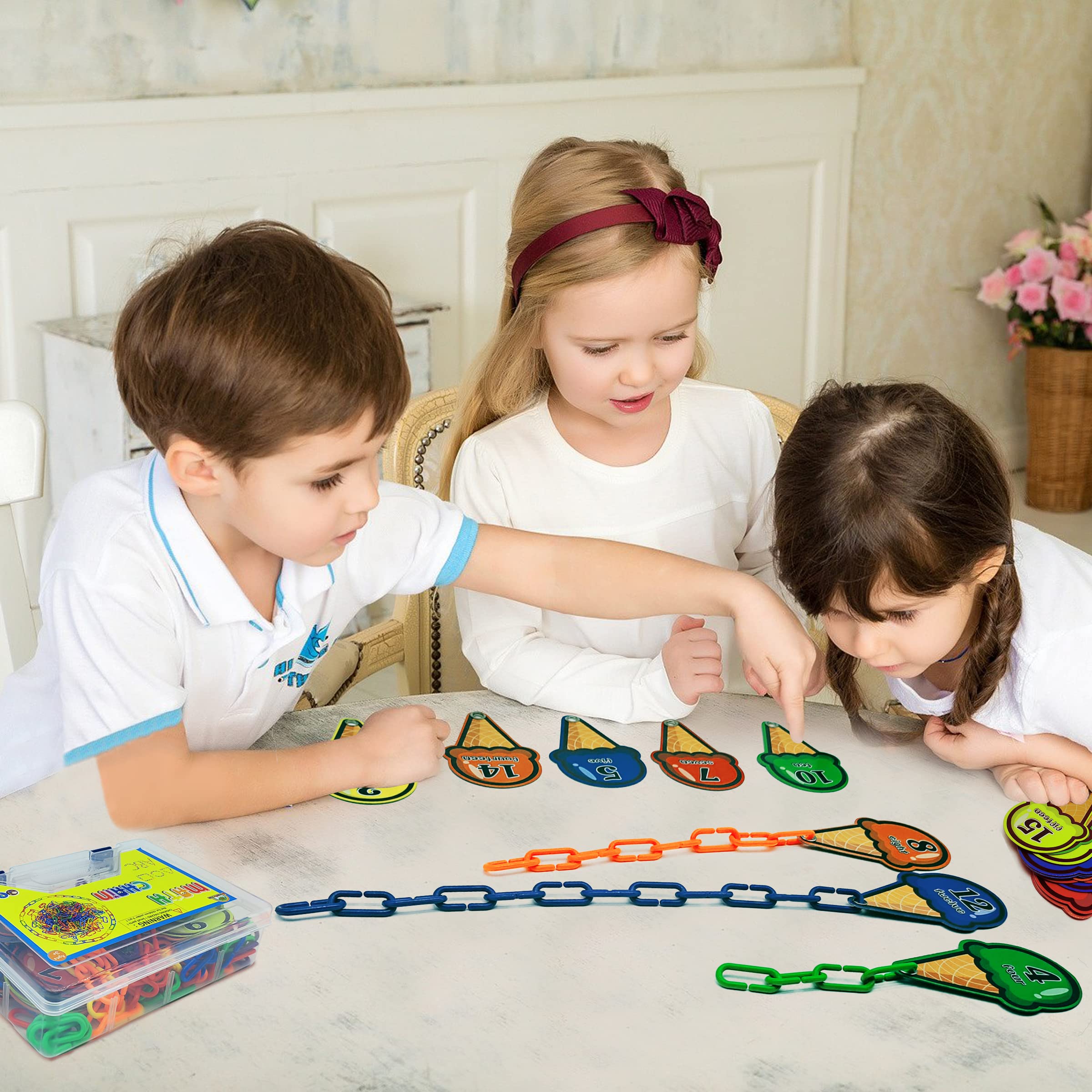 RAINBOW TOYFROG Chain Link Math Manipulatives - 240 C-Clip Chain Links & 20 Ice Cream Cards for Counting & Linking Math Games - Learning Resources for Kindergarten Sensory Bin