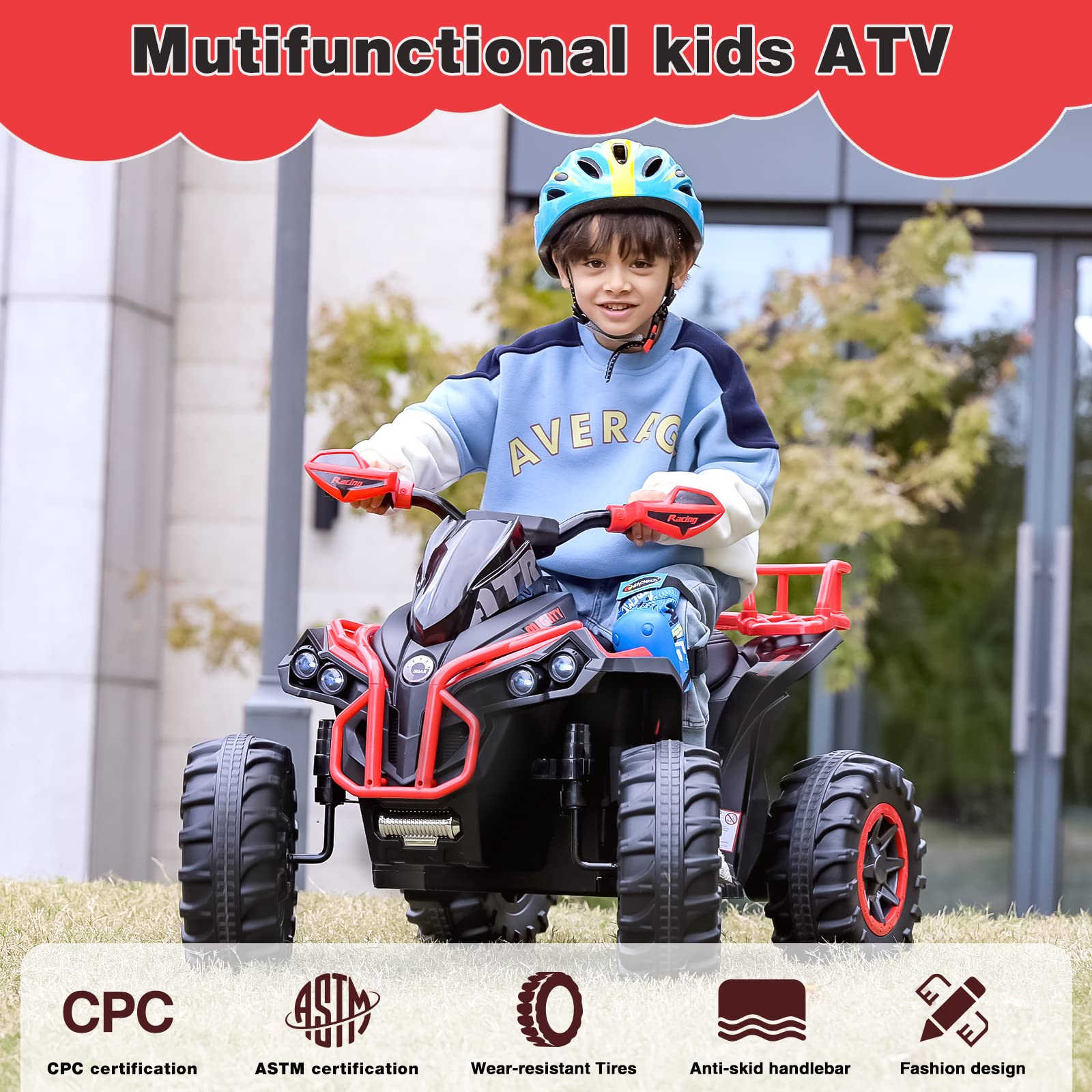 Soar Four Wheeler for Kids - Electirc Toddler 4 Wheeler for Kids 3-6, Ride on ATV 12v Battery Powered, Kids Quad with LED Lights, Music, High Low Speed, USB/TF, Treaded Tires, Red