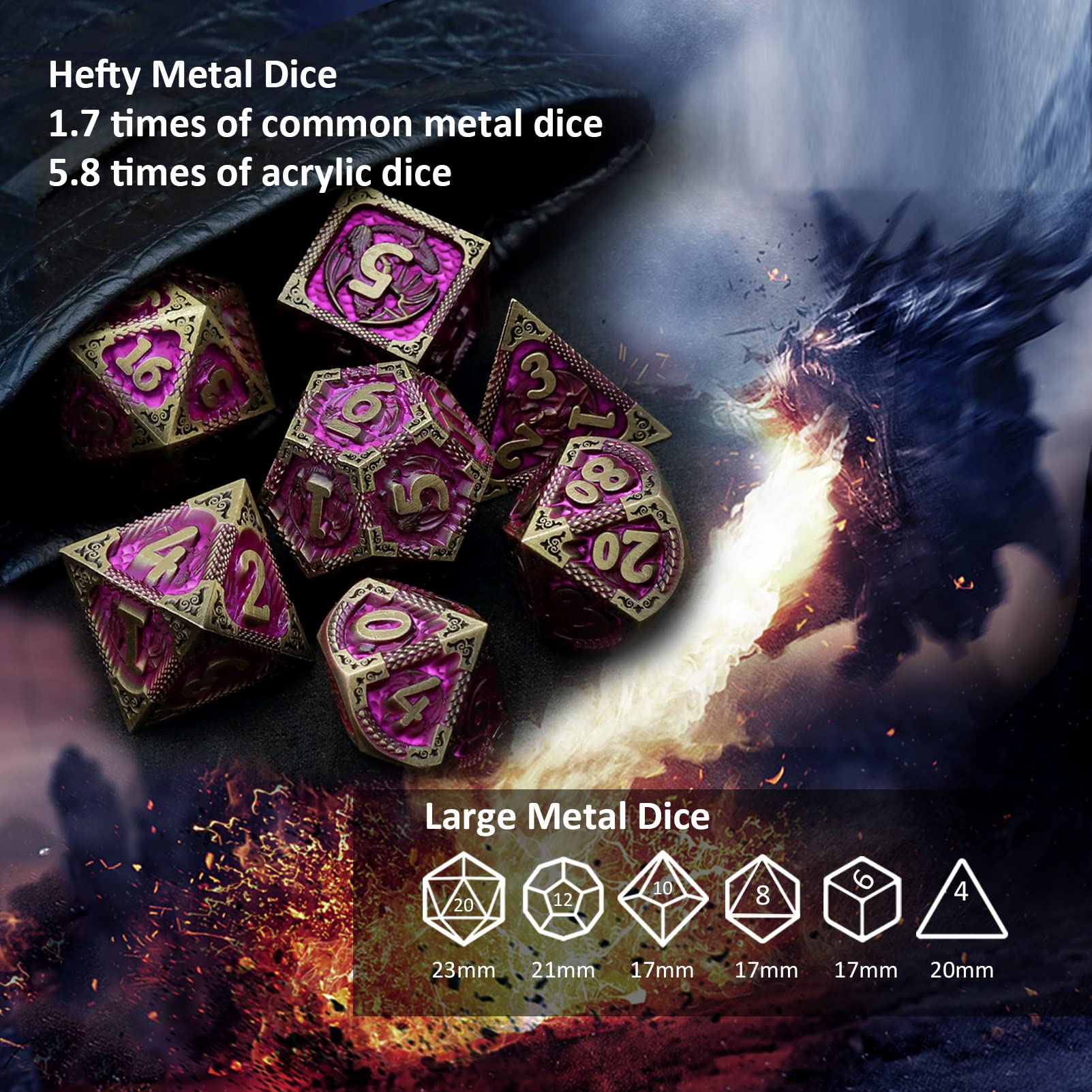 Haxtec Metal Dice Set Purple Black Dragon Pattern Metal DND Dice with Leather Dice Bag Polyhedral D&D Dice for Dungeons and Dragons TTRPG Gifts