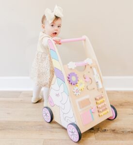 hopscotch squad sit-to-stand learning walker unicorn themed interactive wooden push & pull baby walker with multiple activities to develop motor skills