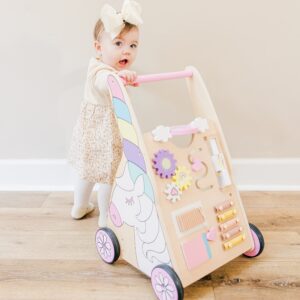 Hopscotch Squad Sit-to-Stand Learning Walker Unicorn Themed Interactive Wooden Push & Pull Baby Walker with Multiple Activities to Develop Motor Skills