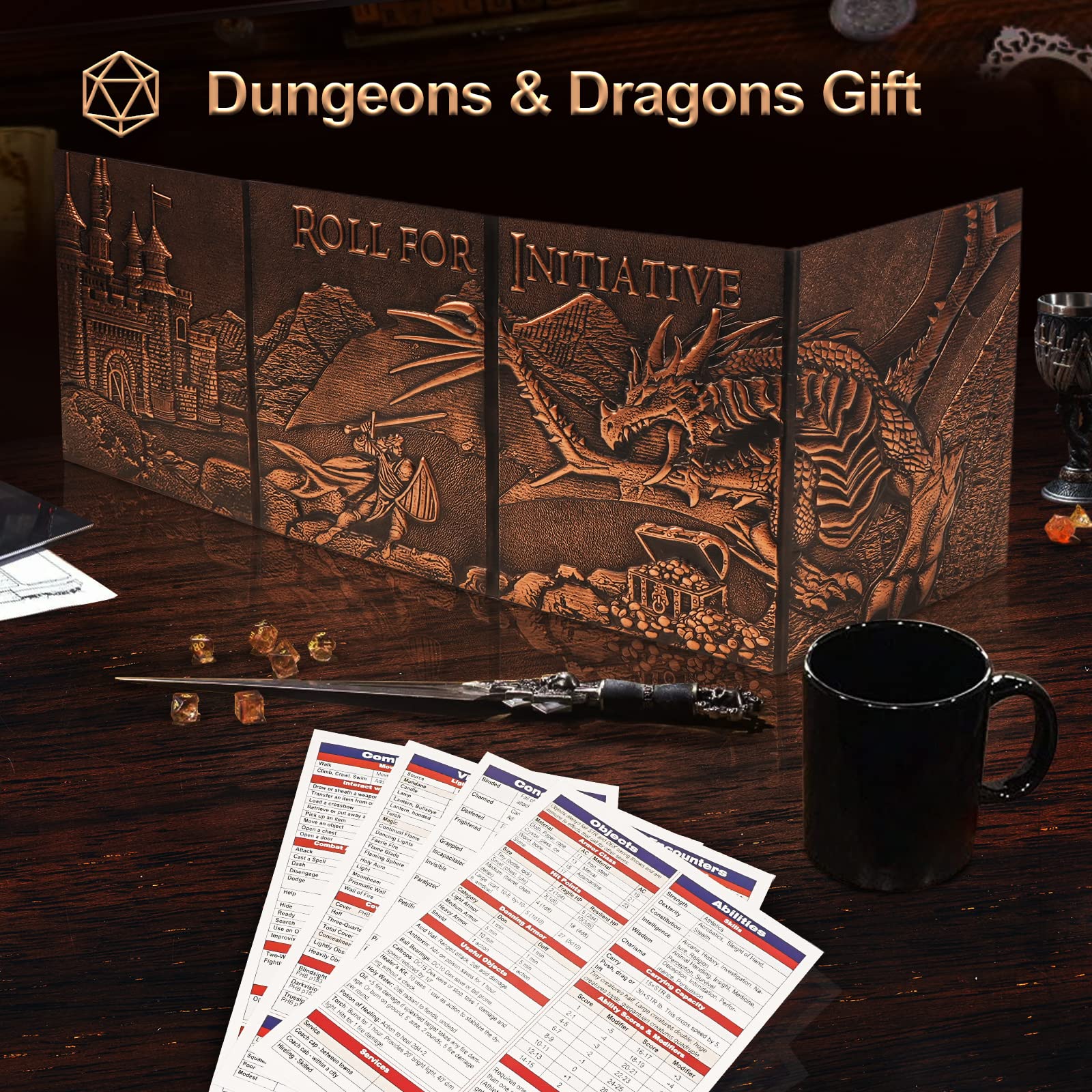 DND DM Screen 5e, D&D Dungeon Master Screen 3D Faux Leather 4 Panel Game Master Screen with Customizable Inserts - Dungeons and Dragons GM RPG Accessories Gift for Men or Women