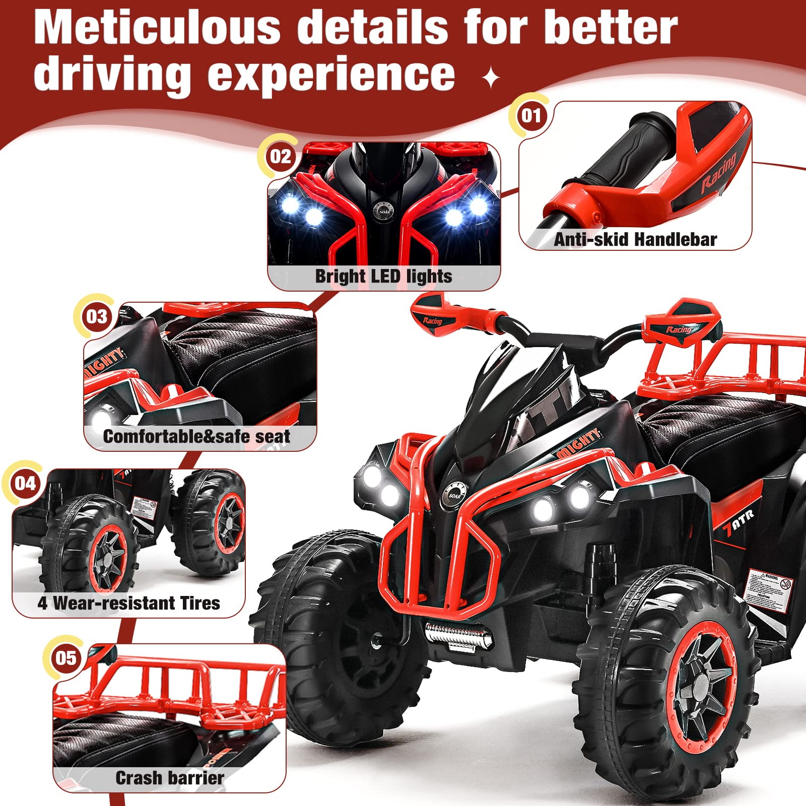 Soar Four Wheeler for Kids - Electirc Toddler 4 Wheeler for Kids 3-6, Ride on ATV 12v Battery Powered, Kids Quad with LED Lights, Music, High Low Speed, USB/TF, Treaded Tires, Red