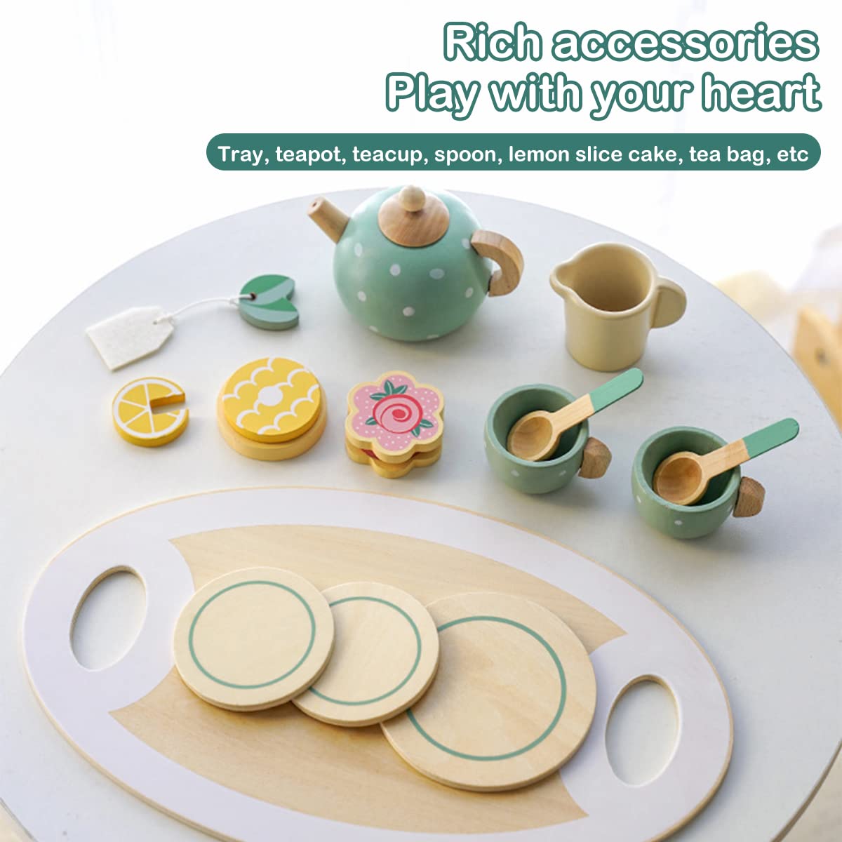 Play Tea Party Set, Little Girls Toy Afternoon Tea Set, Cute Wood Play Food Accessories BPA Free Phthalates Free for Kids Children Toddler Ages 1+ Years Old